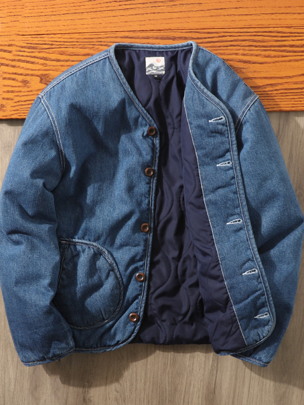 Japanese-Style Niche! Autumn and Winter Solid Color Washed Denim Cotton Jacket for Men, Quilted Warm Collarless Cotton Coat