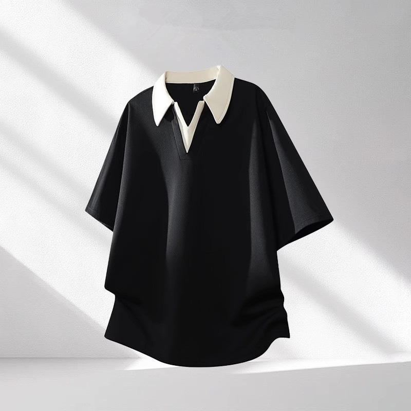 American Casual Contrasting Color Short-Sleeved Men's Summer Thin Fake Two-Piece Polo Shirt Large Size Loose Half-Sleeved V Neck T-Shirt Top