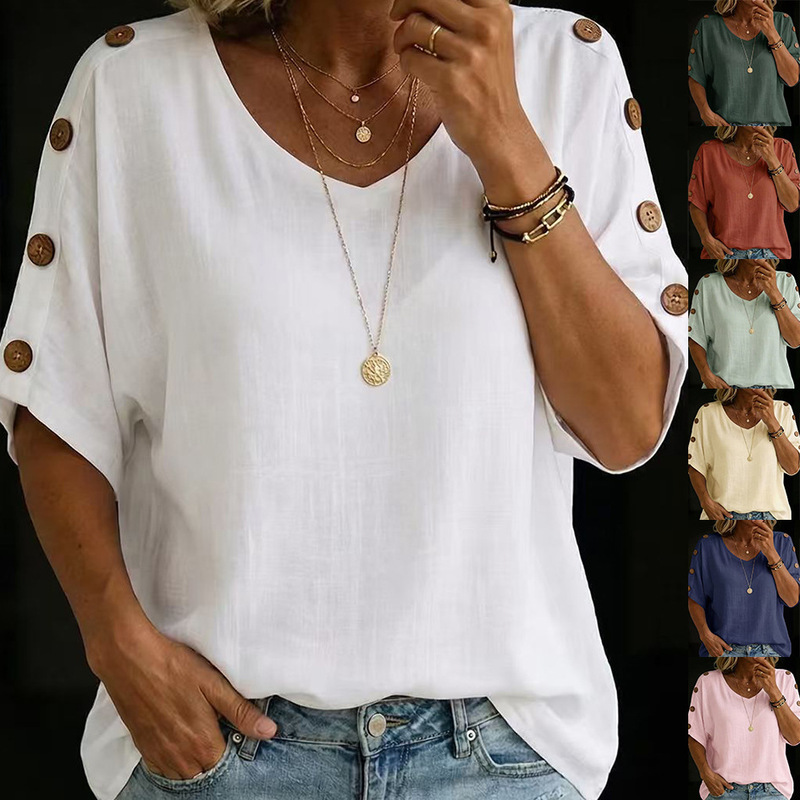 Amazon 2026 Cross-Border European and American New Casual Loose T-Shirt Women's U-Neck Cotton and Linen Button-Up Top Shirt