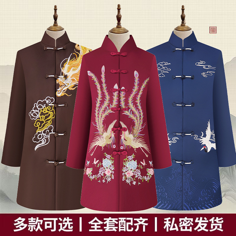 现代真丝醋酸苏绣男女全套高档寿衣殡葬用品厂家批发老人祝寿冲喜