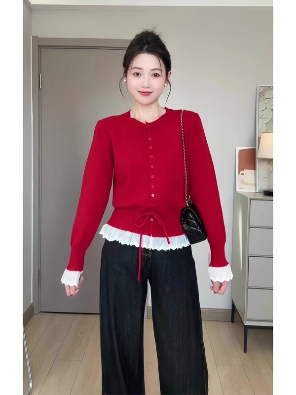 红色针织衫毛衣女秋季新款甜美风设计感荷叶边系带长袖打底衫上衣|undefined
