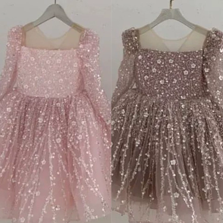 Платье, зимнее длинное рукав, блестящая детская ногтевая Sequins, маленький костюм принцессы, одежда для особого случая, пачка юбка, подарок на день рождения