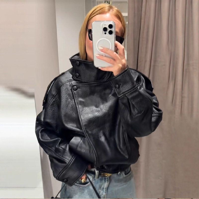 Cross-Border American Retro Motorcycle Style High Collar Diagonal Buckle Pu Leather Jacket Loose Short Leather Jacket for Women Autumn and Winter