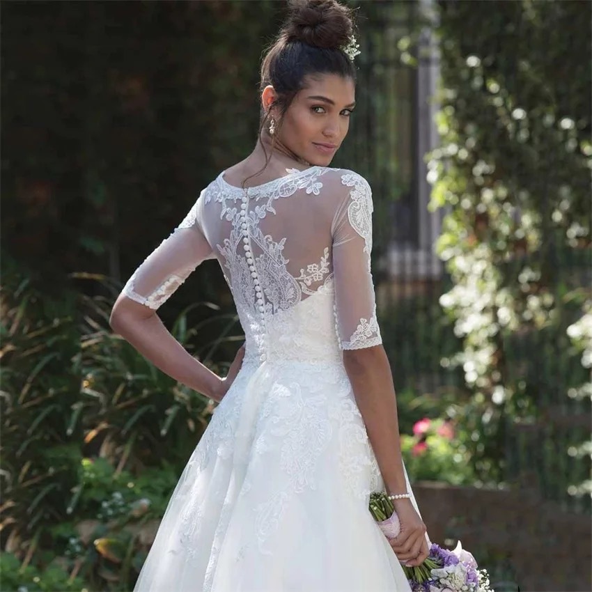 Amazon Comercio exterior nuevo transparente cuchara media manga rodilla-longitud falda de encaje barato apliques boda vestido de novia