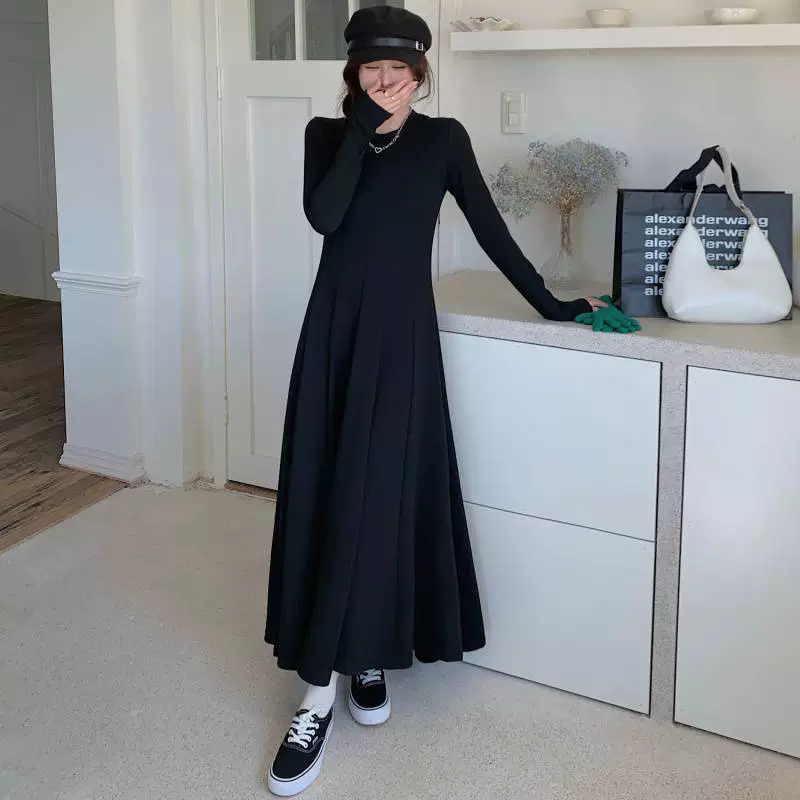 Lanxi 2025 осенний новый стиль/темперамент талия тонкая маленькая черная юбка большой размер с длинными рукавами