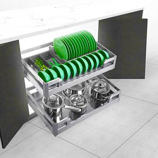 Kitchen 201 Stainless Steel Double-Layer Four-Sided Pull Basket Buffer Drawer-Type Kitchen Cabinet Multi-Functional Dish Pull Basket Pot Basket