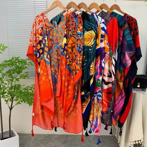 Cross-border hot selling travel and vacation ethnic style printed outer wear sun protection shawl for women sunshade high-end slit elegant waistband