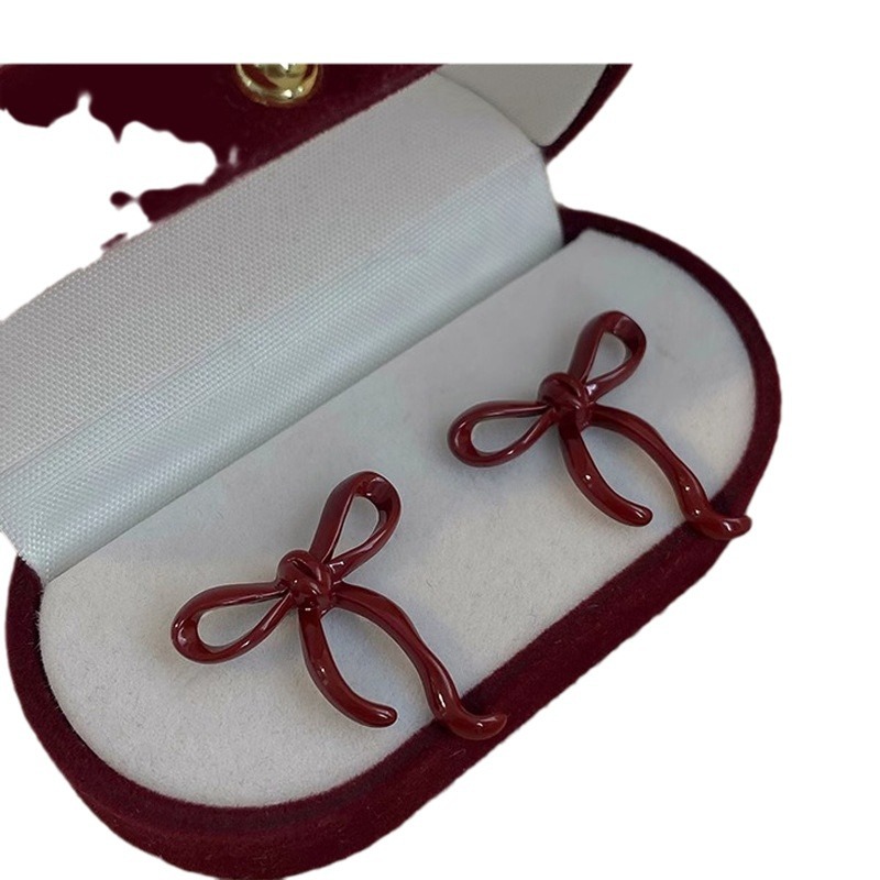 Temperament Hong Kong Style Ankora Red Bow Earrings Women's 2024 New High-end Earrings Niche Design Ear Accessories