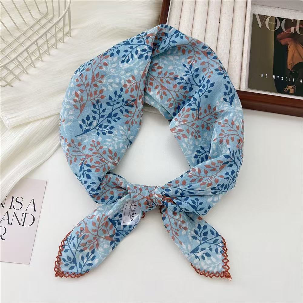 70수 면 사각 타월 - 블루/브라운 투톤 잎사귀 블루