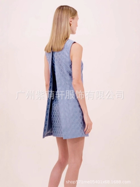 2025欧美跨境独立站新款女装高级感分体无袖开叉蓝色提花连衣裙|undefined