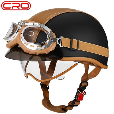 and Electric Bikes, Japanese-Style Helmet, Motosiklet kaskı (dəbilqə) - cro-summer-helmet-matte-black-transparent-mirror-yellow-leather-goggles-m-55-56cm-head-circumference