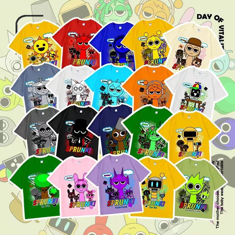 Sprunki Rhythm Box Character Collection Children's T-Shirt Breathable Cotton Short Sleeve Summer Cartoon Top for Boys and Girls