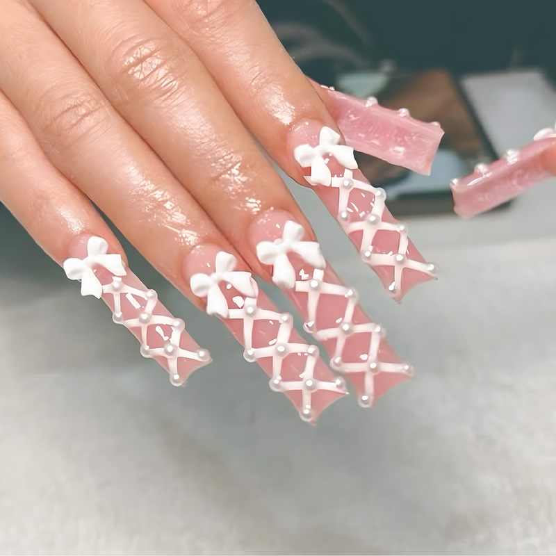 Wearing nail plate pink water pipe pure cross line drill bow nail patch light luxury detachable nail