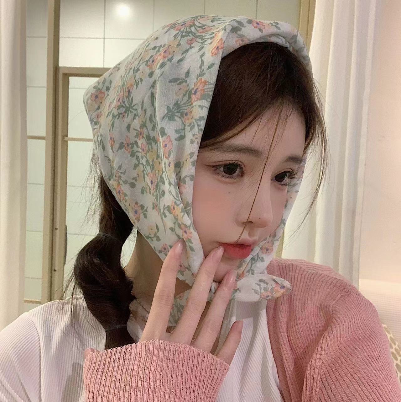 法式碎花三角頭巾女包頭田園風夏方巾棉麻文藝海邊絲巾髮帶氛圍感