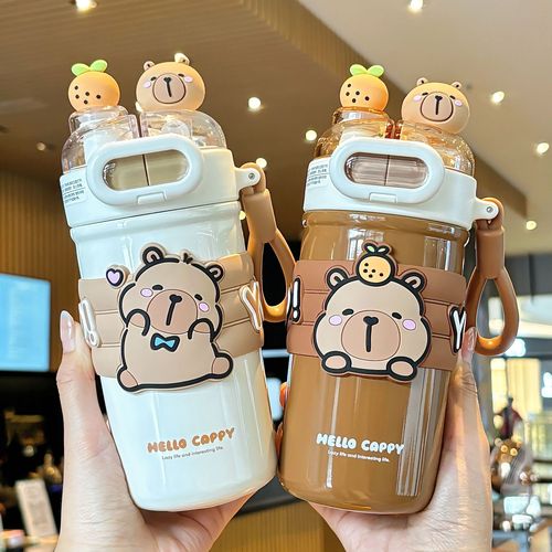 High-quality, cute cartoon insulated cup for girls, adorable student's double-drinking straw cup, portable and easy-to-carry water bottle
