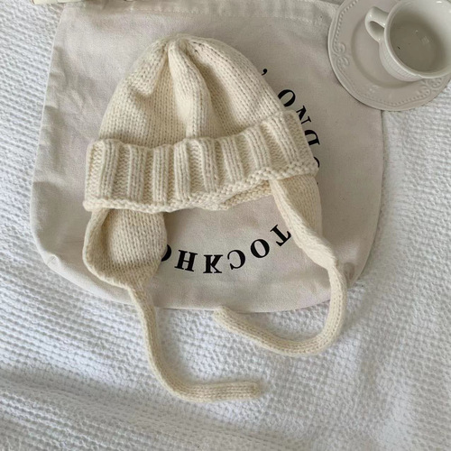 Ins Korean Autumn/Winter Warm Pure Color Knitted Wool Ear Hat, Versatile Cute Hooded Hat for Girls and Boys, Retro Cold Hat