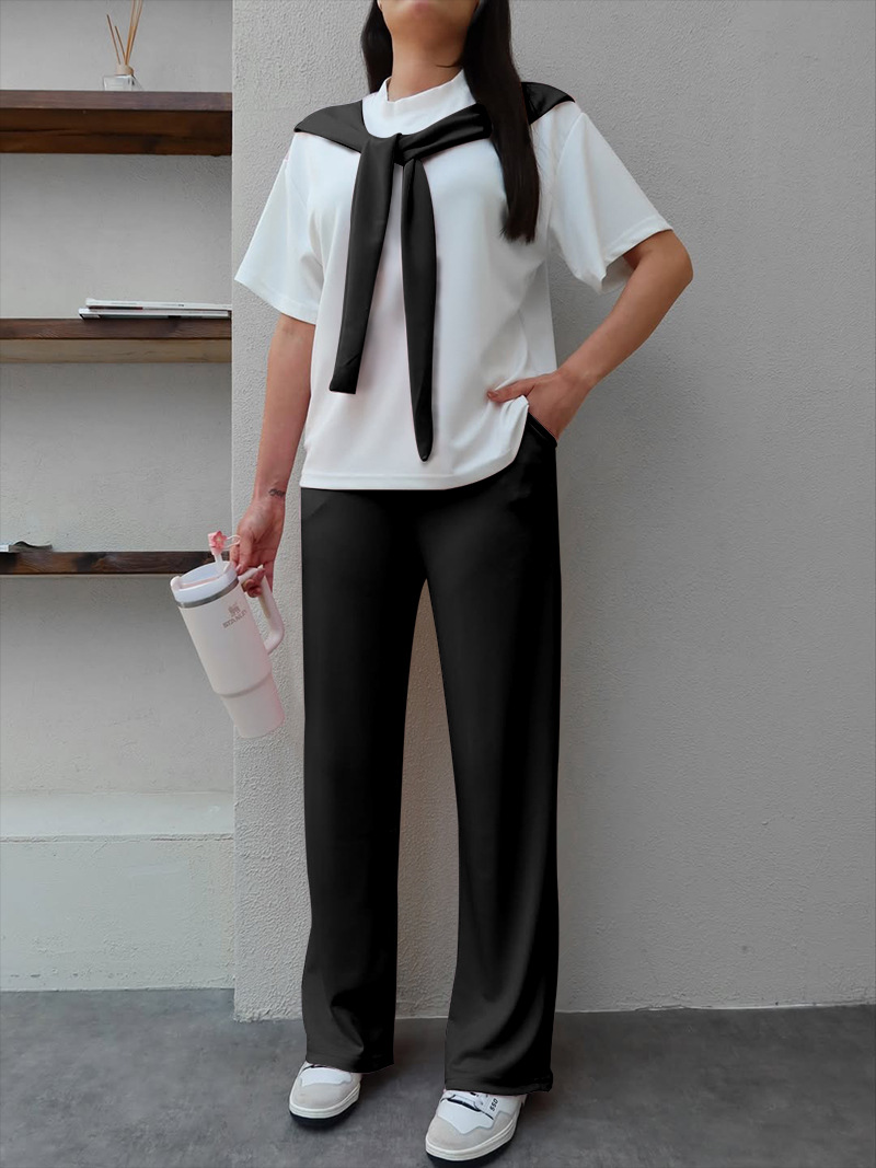 Women's Clothing Women's Faux Wrap Short Sleeve Top And Straight Leg Pants Set Patchwork White Round Neck Summer Fashion Casual Outfit_ecoleips.com