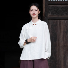 25秋の綿と麻の婦人服新しい中国風のレトロな手巻きボタントップ女性の綿と麻の禅茶シャツ