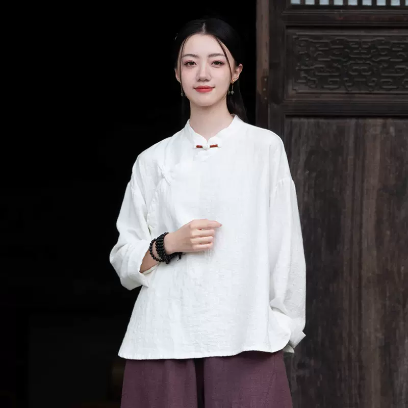 25春季棉麻女装新款中式复古手工缠线盘扣上衣女棉麻禅意茶服衬衫