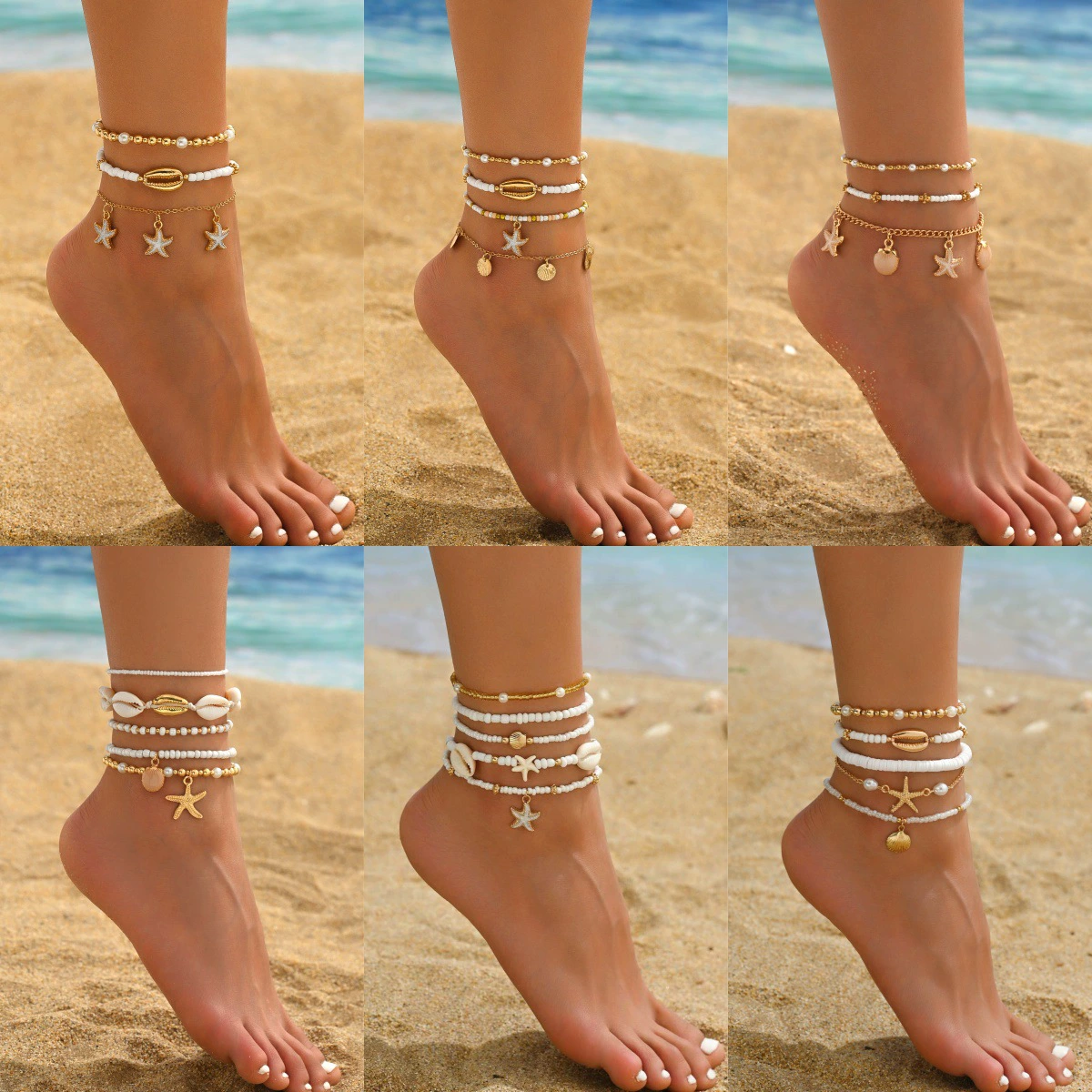 Европейский и американский трансграничный популярный богемный стиль, пляжный отдых, рисовые бусины, ракушки, морская звезда, трехслойный браслет для женщин