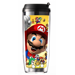 超級瑪麗雙層塑料吸管杯男女學生校園隨身攜帶可愛馬里奧印花水杯