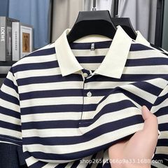 外贸跨境电商大码条纹polo衫男士上衣短袖商务休闲翻领中年爸爸装