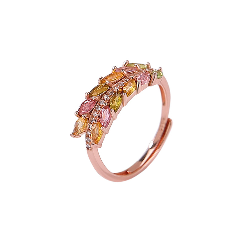 Nhẫn bạc S925 mạ vàng hồng đính đá tourmaline lông vũ mở điều chỉnh — bạc 925