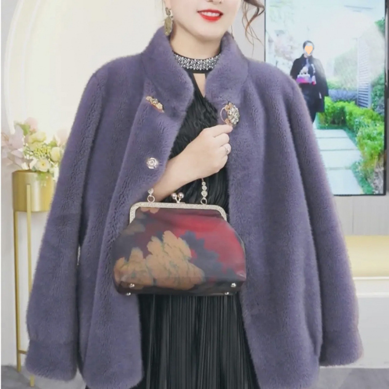 秋冬高檔一體外套時尚立領加厚保暖洋氣媽媽裝仿皮短款外搭