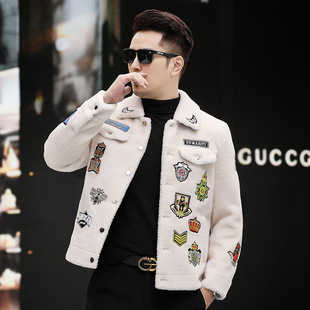 Cashmere coat men's trendy thickened lamb fur leather jacket Haining fur integrated men's fur lapel embroidery