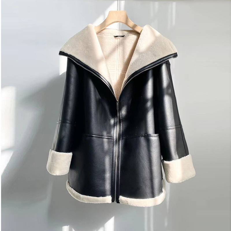 Tote Scandinavian Yang Mi's Same Style Lapel Zipper Wool Fur One-Piece Outwear Fur Outwear Motorcycle Jacket Fashion