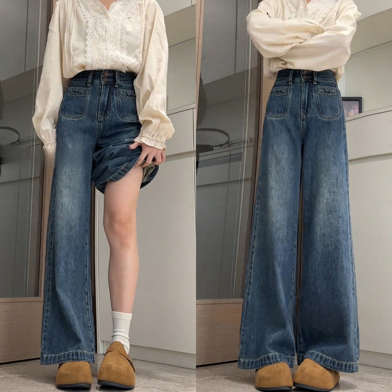 Petite-friendly, stylish retro high-waisted wide-leg jeans for women, slimming and loose-fitting, pear-shaped, with a relaxed vibe, straight-leg pants Petite-friendly, stylish retro high-waisted wide-leg jeans for women, slimming and loose-fitting, pear-shaped, with a relaxed vibe, straight-leg pants