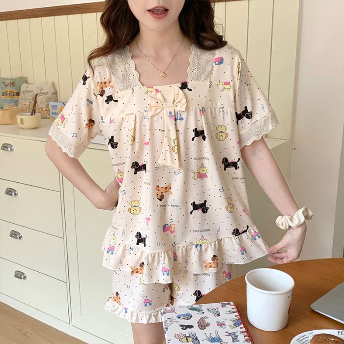 Venta al por mayor transfronteriza nueva versión coreana de encaje imitación algodón traje pijamas encaje verano chica pantalones cortos de manga corta traje de servicio a domicilio