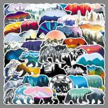 50张山野熊剪影贴纸卡通动物山川景色户外风景涂鸦防水装饰贴纸