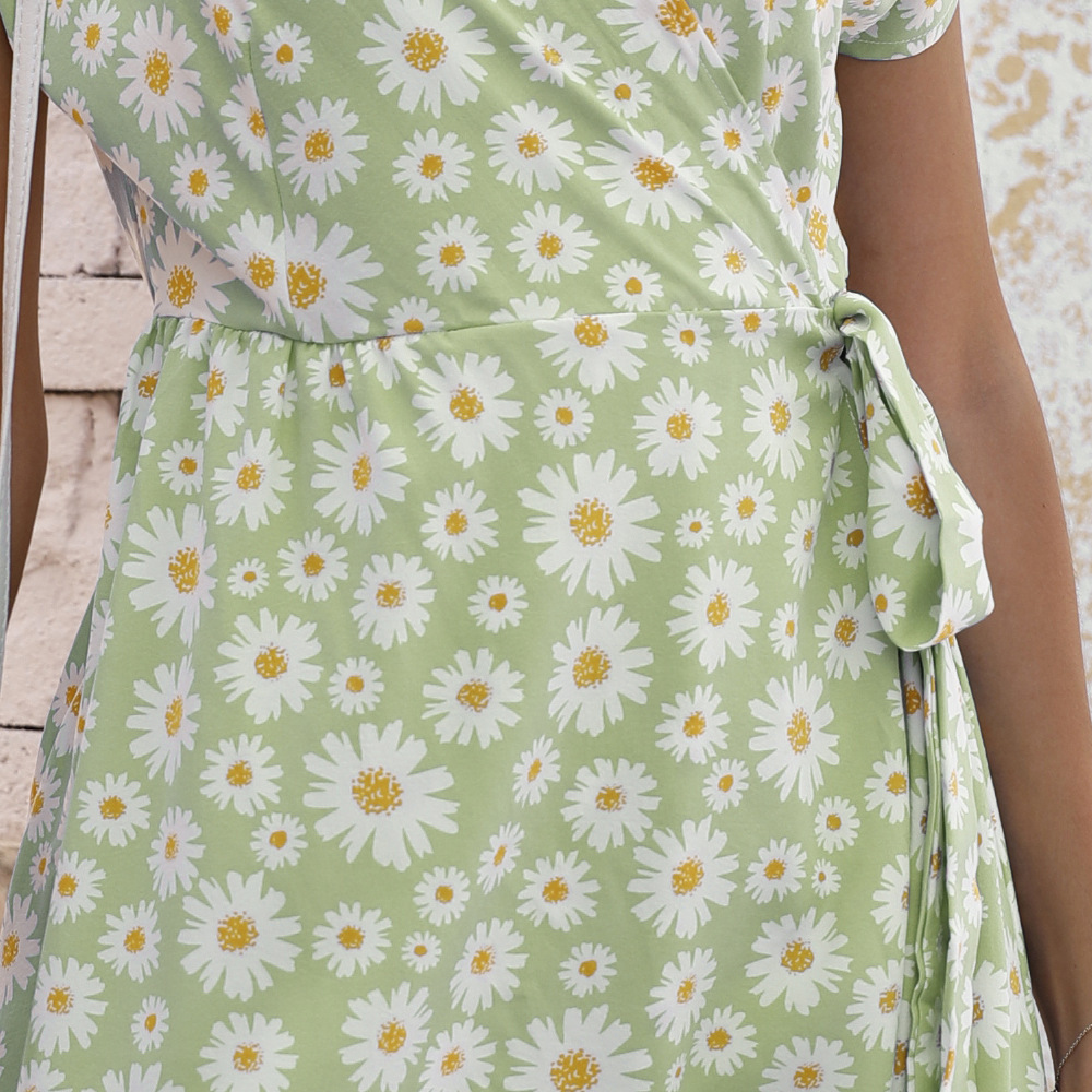 Women Stylish Long Dress Waist‑Cinch Design With All‑Over Print, Tie‑Waist & High Slit_ecoleips.com