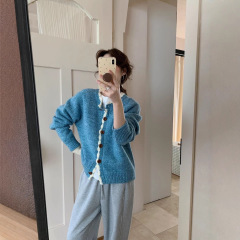 新款花边圆领复古杂线羊毛针织开衫女秋冬款宽松软糯毛衣外套上衣