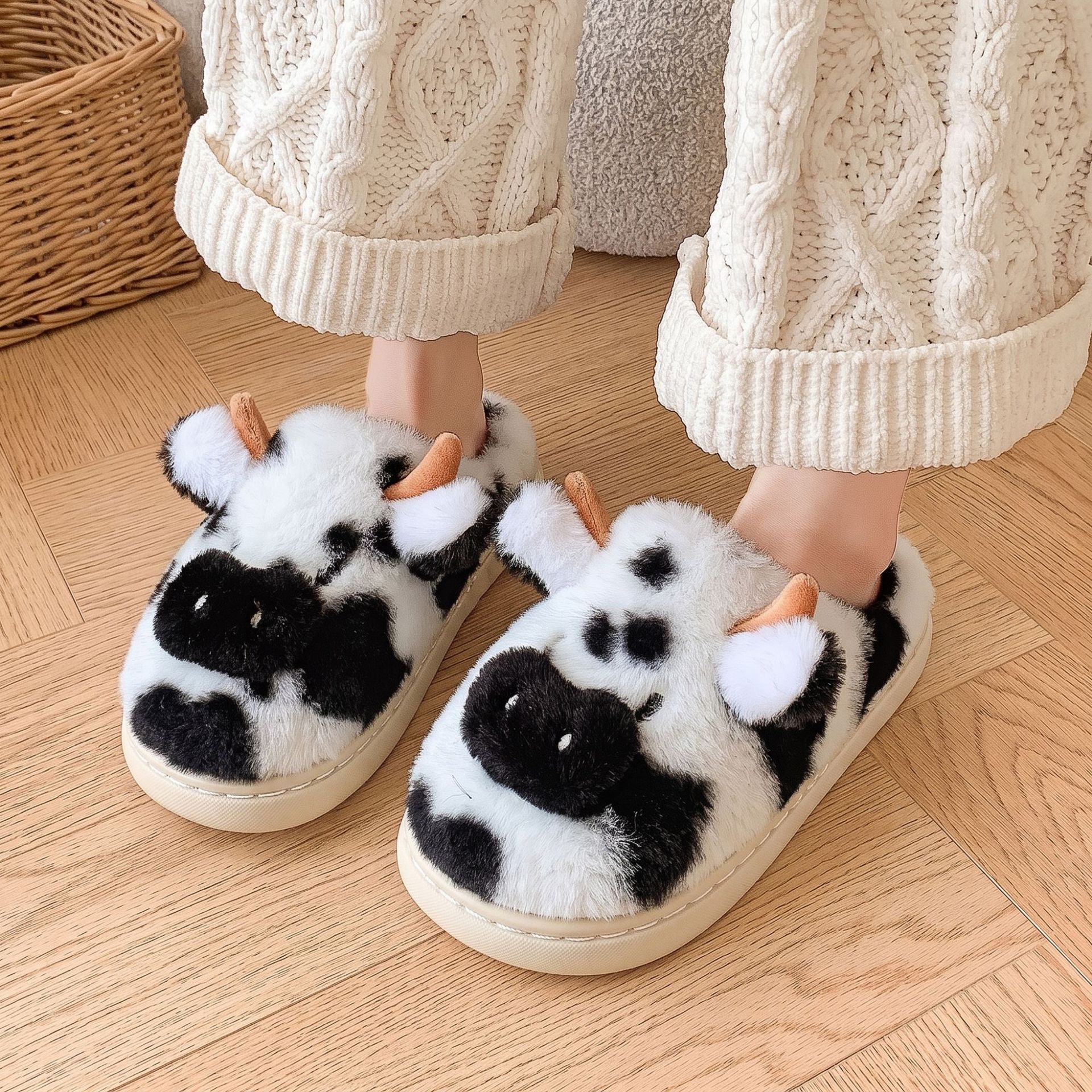 Zapatillas de casa cálidas de invierno, pantuflas de algodón antideslizantes para interiores para hombres y mujeres con cubierta de talón, zapatos de algodón de felpa de vaca pequeña