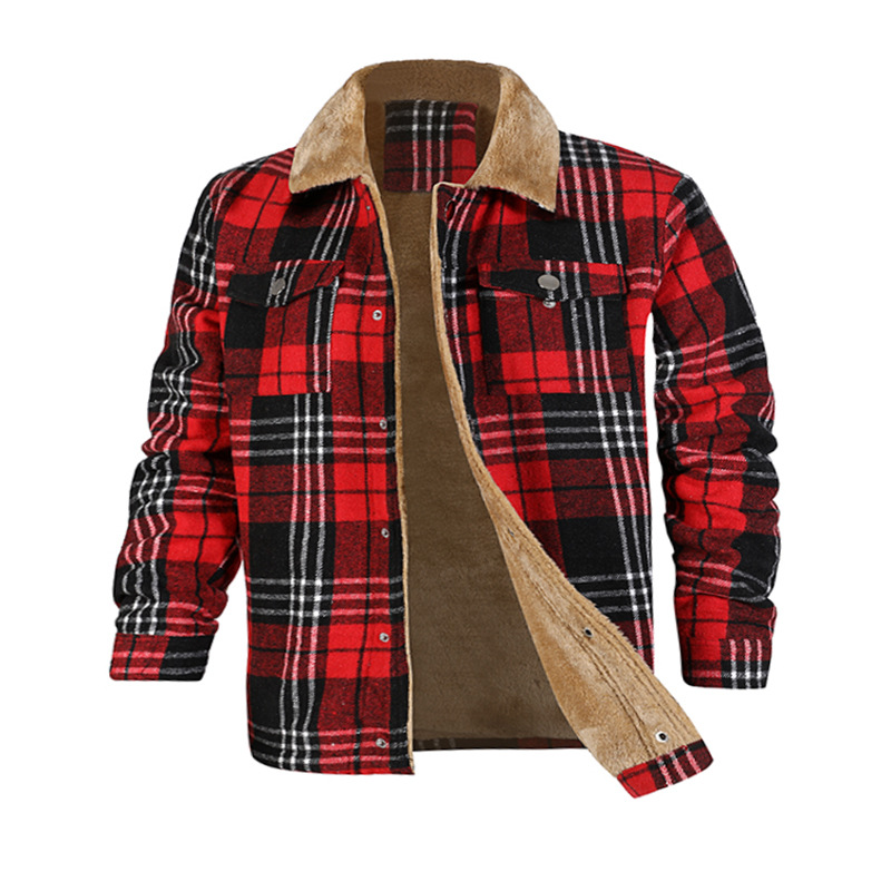 Giacca da uomo in flanella a quadri di nuovo stile, a maniche lunghe, con risvolto, in pile per calore e vestibilità ampia_voghion.com