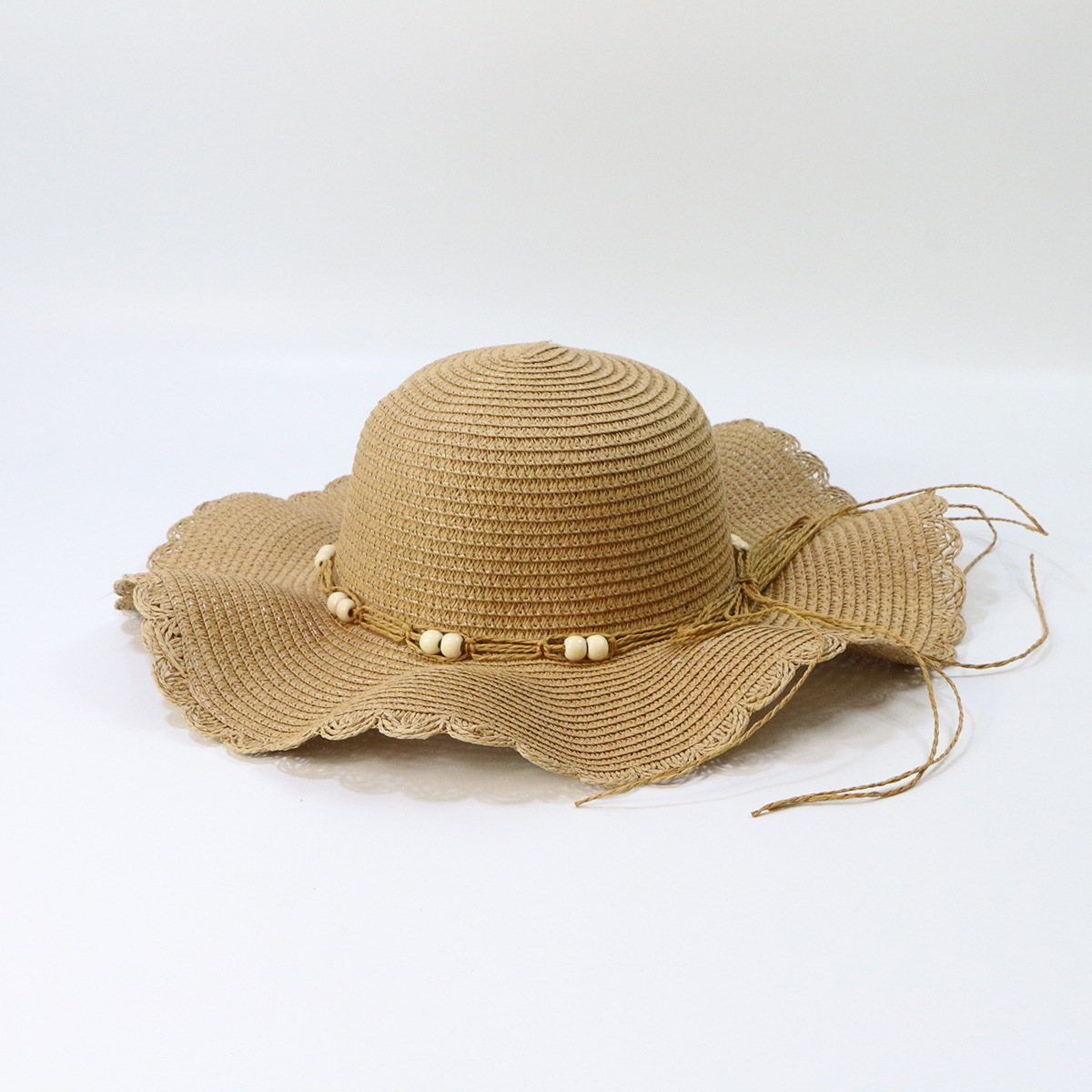 Fashion Wide Brim Sunshade Wooden Bead Lace Wave Straw Hat display picture 6