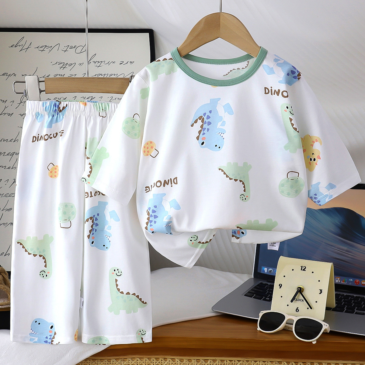 Summer Kidsren's Pure Cotton Thin Three-Point Suit Boys and Girls Home Casual Clothes Baby Soft and Comfortable Air-Conditioned Clothes