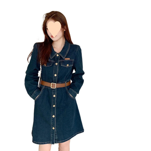 Large size retro collar, long-sleeved denim dress, women's spring new dress, fat cover the belly and show slimming