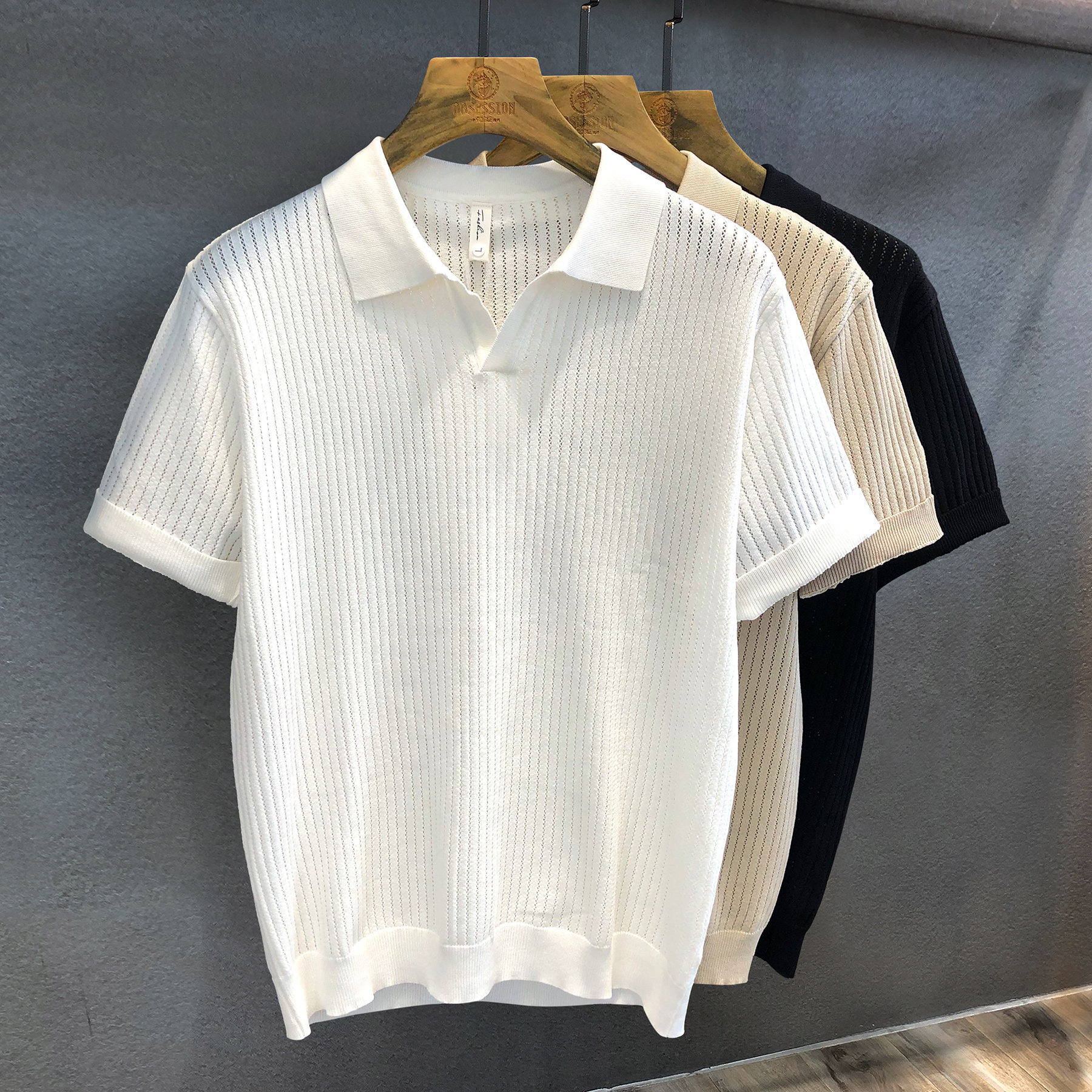 Camiseta polo de manga corta camiseta de punto hombre cuello V gaviota cuello agujero camiseta fábrica transfronteriza verano al por mayor viejo dinero polo