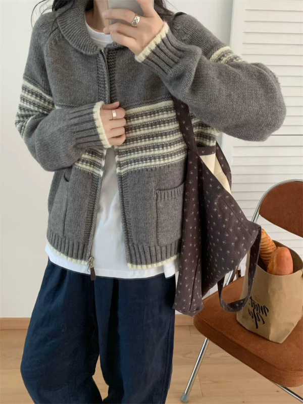 撞色条纹翻领毛衣外套女2025秋冬新款设计感宽松加厚针织开衫上衣|undefined