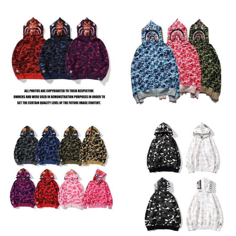 Authentic Version with All Three Tags, Shark Head Bape Camouflage Zip-Up Hoodie with Single/Double Hood, Unisex