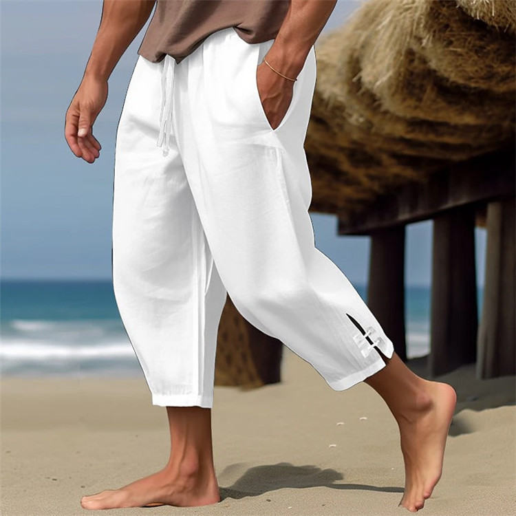 Men's linen summer beach pants, solid color with slit cuffs for comfort, breathability, leisure, daily vacation pants_voghion.com