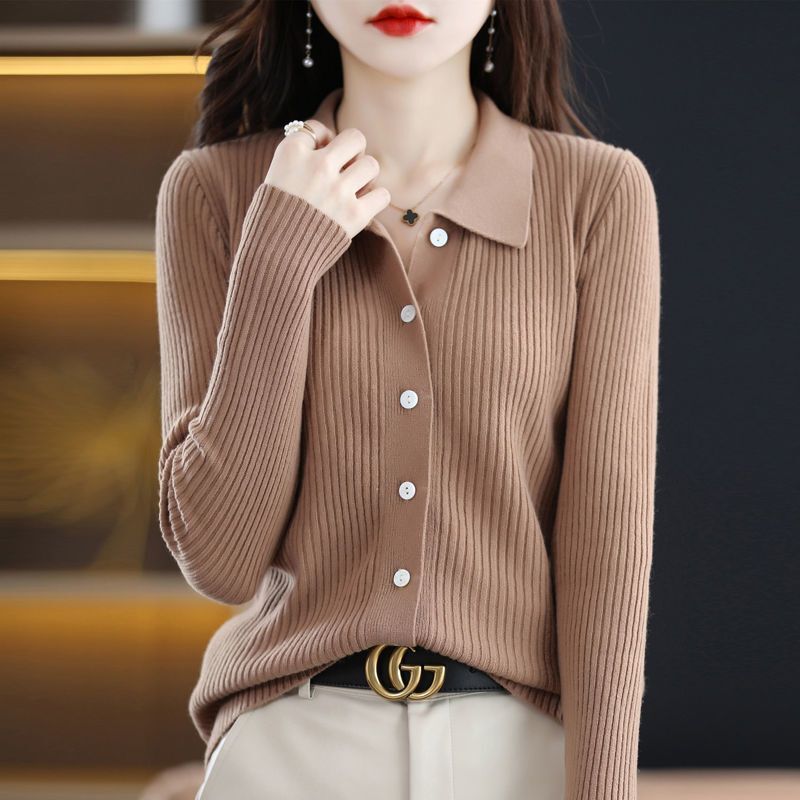 Knitted Cardigan Jacket Women's POLO Collar 2024 Autumn and Winter New Loose Long-sleeved Solid Color Lapel Top All-match Sweater