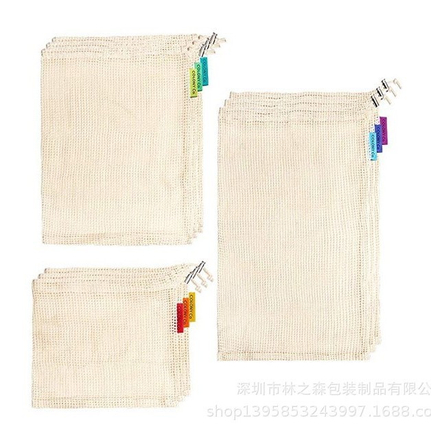 Bolsa de malla de algodón orgánico con cordón bolsa de verduras y frutas bolsa de malla de algodón se puede reciclar Amazon Venta caliente