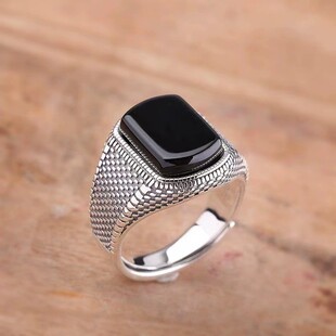 Retro Distressed Imitation Black Agate Ring Men's Trendy Classic Wide Adjustable Stylish Trendy Thai Silver Single Ring Ring for Men