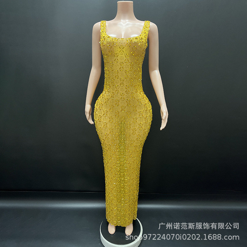 Niche Light Luxury Yellow Shining Rhinestone Elegant dress Red Carpet Show Ladies High-end Gown Annual Meeting Gown