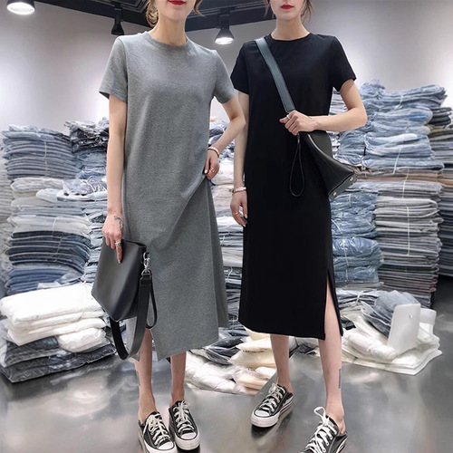 730 Summer Dress for Women - Casual, Abdominal Covering, Plus Size, Loose, Medium Long Length, Knee Covering, Base Layer with Slit, Short Sleeve Tunic Dress