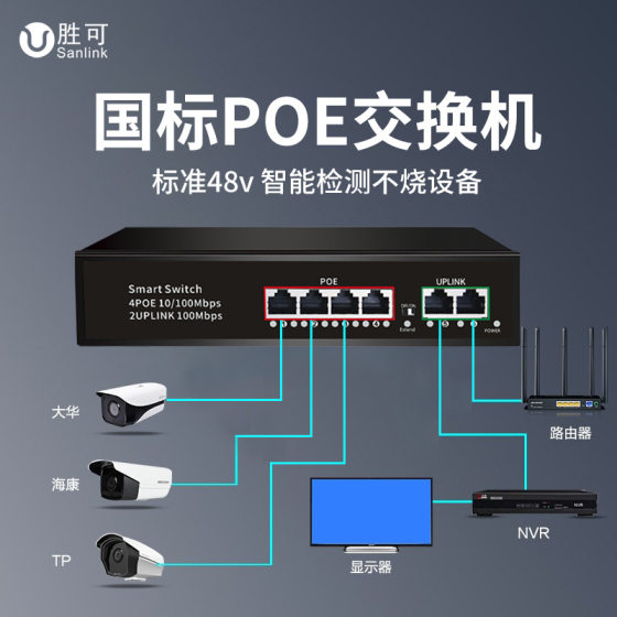 POE Switch 4-port 5/6/8/16/24-port 100 Gigabit 48V Standard Power Supply Monitoring Compatible with Haikang Dahua